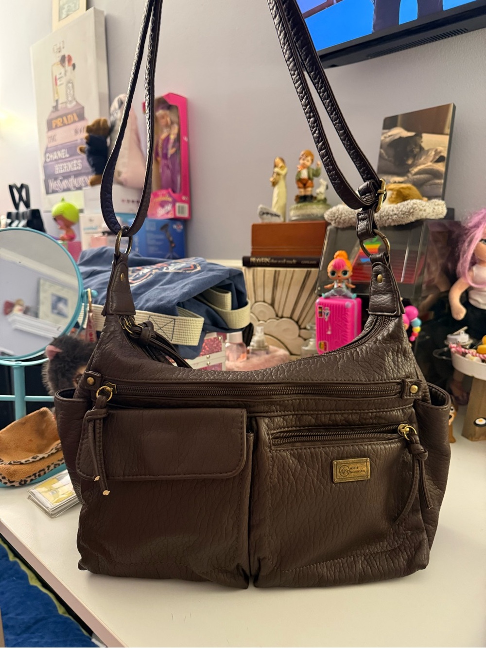 White Mountain Dark Brown Faux Leather Shoulder Bag with Gold Hardware